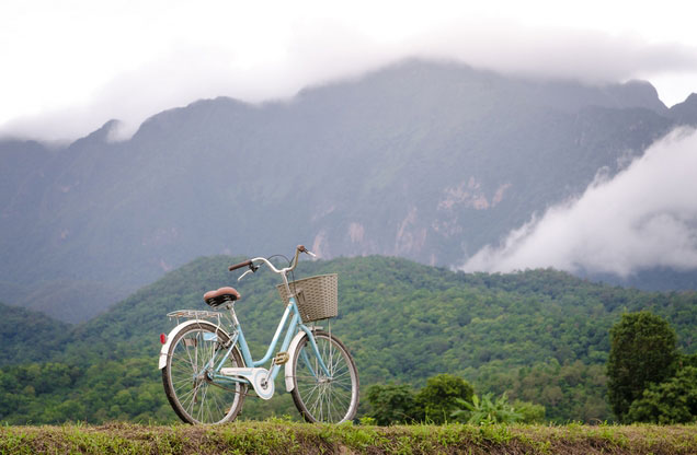 Nafplion Cycling Tour to Epidavros: white bike overlooking the lush mountains of Epidaurus