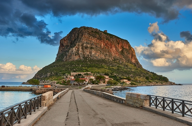 the hill of Monemvasia castle from afar