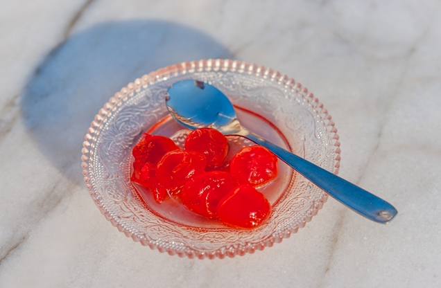 Tasting in Nafplio, traditional Greek cherry spoon sweet