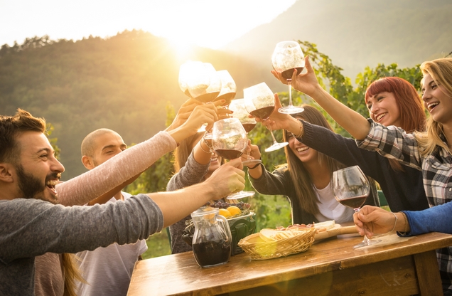 group of people toasting glasses of red wine in Nemea