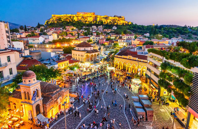 Athens City Tour: Monastiraki square and acropolis view from above at dusk