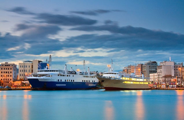 Athens or Piraeus Port to Anc.Olympia and return: illuminated ships in the port of Piraeus