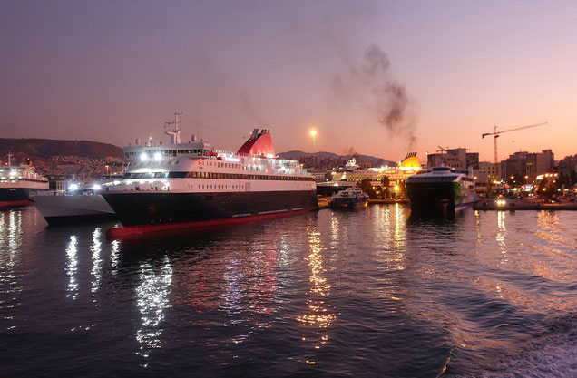 Athens or Piraeus Port to Monemvasia: illuminated ships in the port of Piraeus