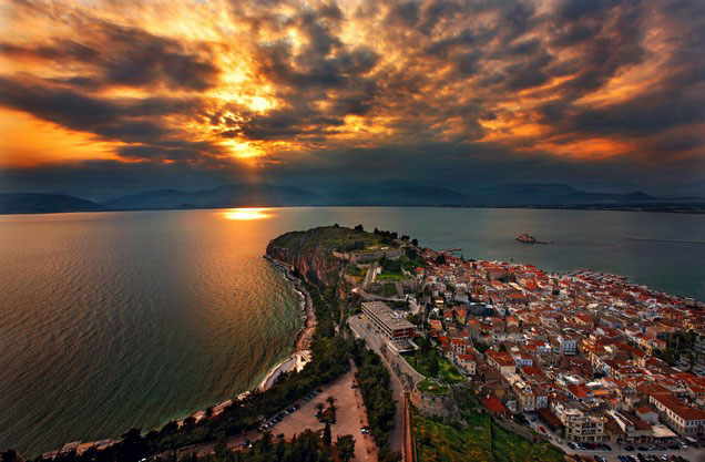 Nafplion to Acropolis and return: the view of the city of Nafplio from above at sunset