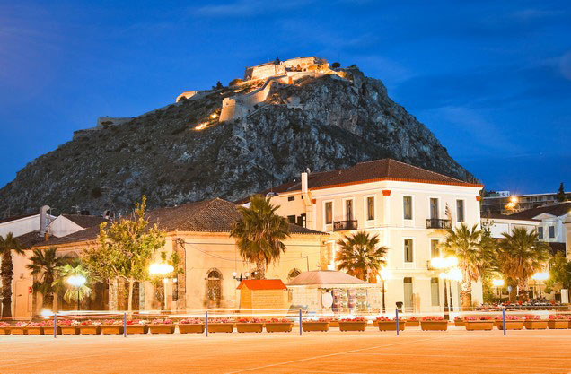 Nafplion to Mycenae-Anc.Theatre of Epidavros and return: Palamidi above Nafplio lit at night