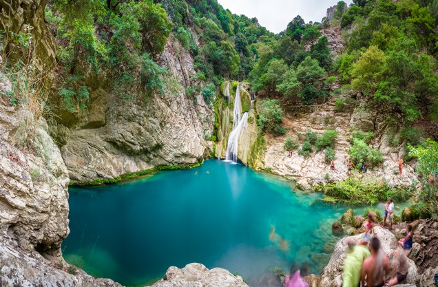 a waterfall on a lake in Polylimnio in the Peloponnese