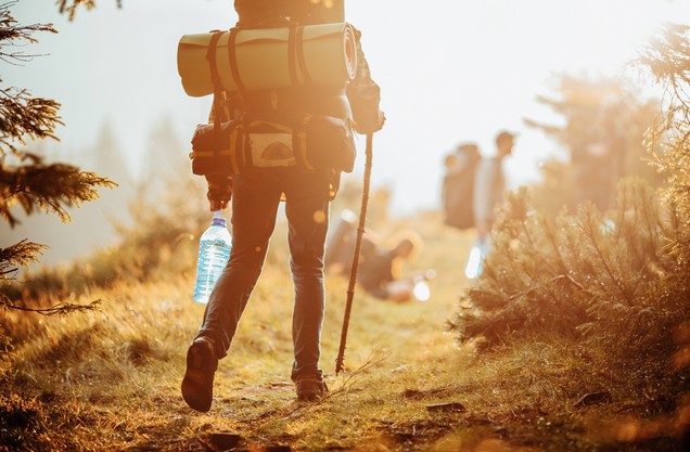 Hiking in Kardamili: a hiker with his equipment in Kardamili