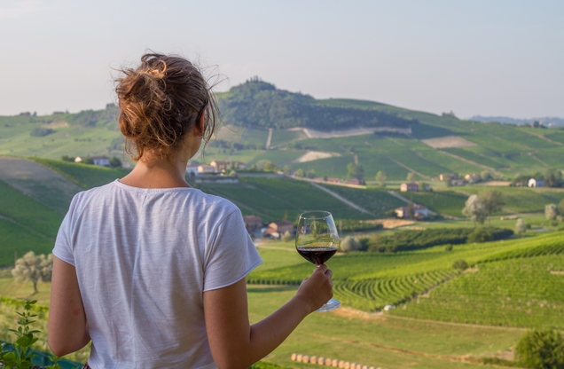 κοπέλα που κρατάει ένα ποτήρι κόκκινο κρασί και κοιτάζει τα αμπέλια από ψηλά στη Νεμέα